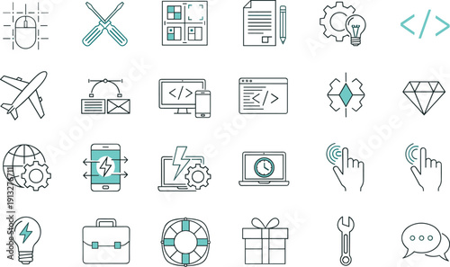 Technology icon set, software development symbols, digital tools, coding graphics, UI elements, teal black theme, vector pack, minimal style