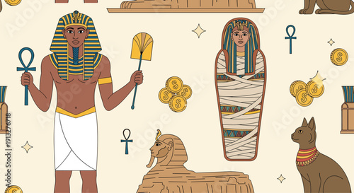Seamless repeating pattern of ancient Egyptian culture, featuring a pharaoh, a mummy, the Sphinx, and other historical symbols.