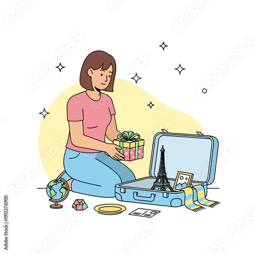 Woman Preparing For Travel And Packing Souvenirs From Her Trip Into Suitcase