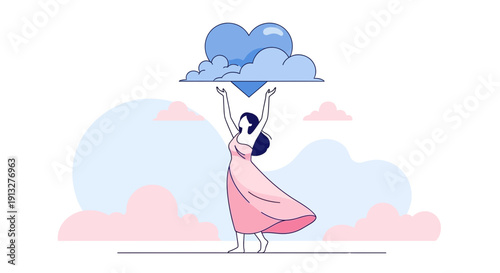Woman Reaching For Love Heart Cloud Above Sky