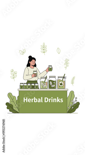 Woman Presenting Herbal Concoctions, Displaying Fresh Beverages, Green Aesthetic, Botanical Stall