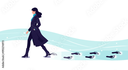 Woman Progressing Forward Leaving Footprints Indicating a Journey of Self-Discovery and Movement