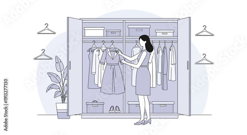Woman Selecting Outfit From Her Wardrobe: A Modern Fashion Choice Illustration