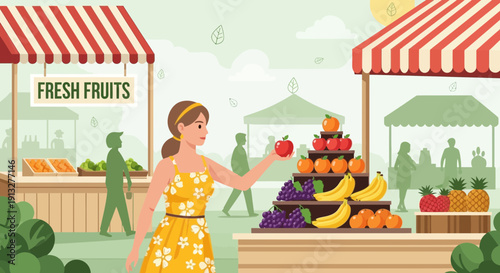 Woman Shopping For Fresh Fruits At Outdoor Market Stall
