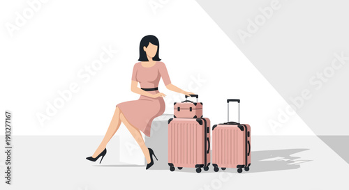 Woman Sitting With Luggage Ready For Vacation Or Business Trip