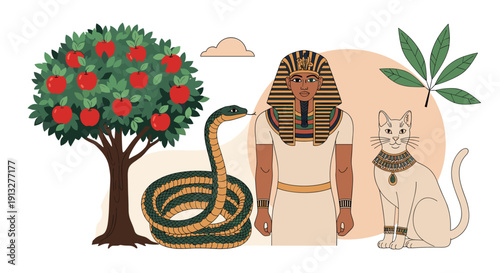 A symbolic composition featuring an Egyptian pharaoh, a sacred cat, a coiled snake, and a tree with red apples in the background.