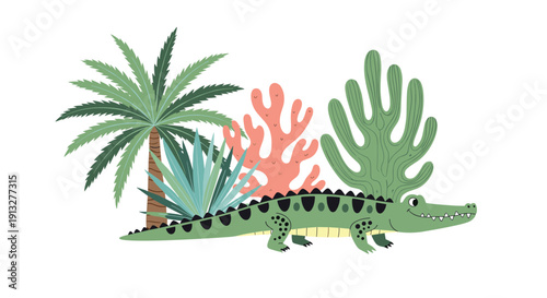 A cute green cartoon crocodile walking through a jungle scene with a palm tree, cactus, and colorful tropical plants.