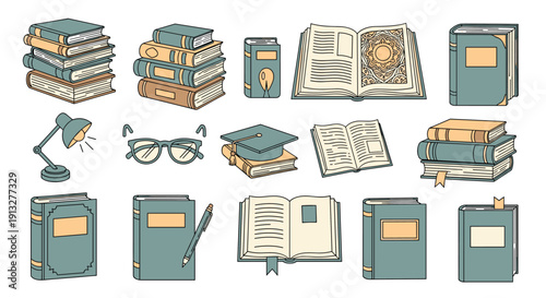 A large collection of vintage-style book illustrations, including stacks of books, reading glasses, and a desk lamp.