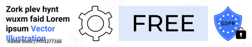 GDPR-compliant shield with padlock, bold gear icon, and FREE text emphasizing data security and accessibility. Ideal for security, compliance, privacy, law, IT, web design user rights simple