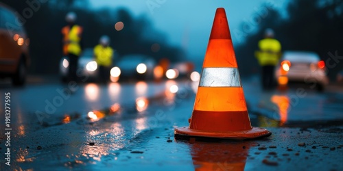 Traffic cone on a wet road at night with road workers and cars in blur