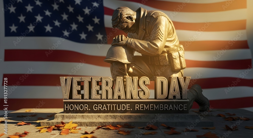 Obraz premium A solemn statue of a kneeling soldier in front of the american flag on veterans day