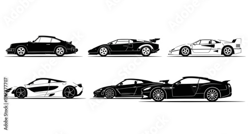 Collection of Six Sports Cars in Silhouette Style.