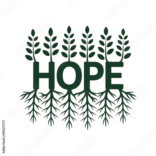 Obraz na plátně The word hope formed by plant roots and leafy branches above