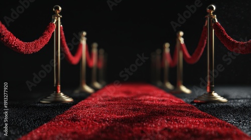 Red carpet with gold stanchions and velvet ropes for a gala event