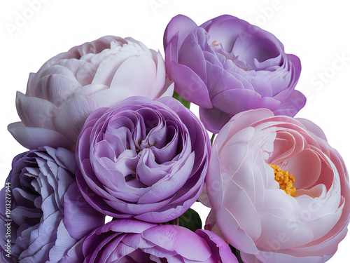 Bouquet of beautiful pastel purple and pink peony flowers on transparent background
