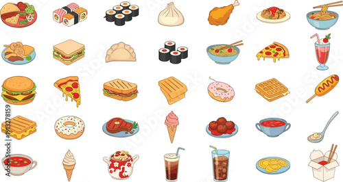 Fast food and snack icons collection. Burger, pizza, sushi, noodles, desserts and drinks set. Street food menu cartoon vector illustration bundle.