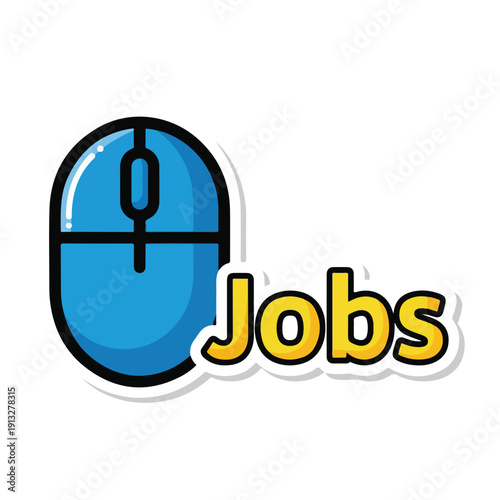 Illustration of a blue computer mouse next to the word Jobs on a white background, symbolizing employment opportunities
