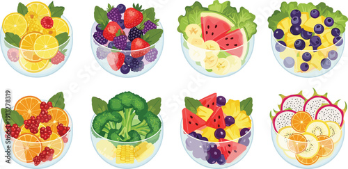 Healthy fruit salad bowls collection. Fresh organic berries, citrus, watermelon and tropical mix. Vegetarian detox food, colorful summer vitamin meal set.