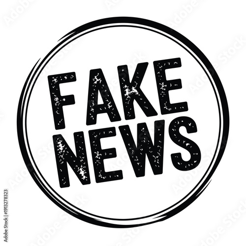 A circular stamp boldly declares fake news in distressed lettering