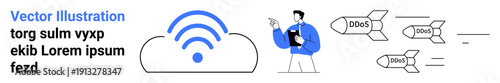 Cybersecurity, data protection, DDoS attacks, IT infrastructure, network security, digital threats. Cloud symbol with wireless signal, person indicating threats, incoming missiles labeled DDoS