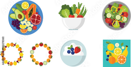 Healthy fruits and salad collection set. Fresh vegetables and mixed berries. Detox food and vitamin rich meals. Flat vector illustration pack.