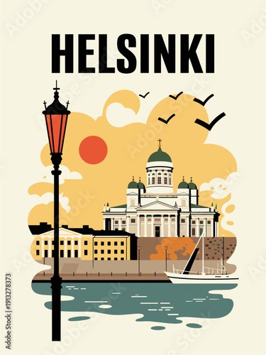 Retro travel poster of Helsinki featuring Helsinki Cathedral and seaside promenade. Clean lines, cool muted Scandinavian tones, minimalist mid-century inspired style.