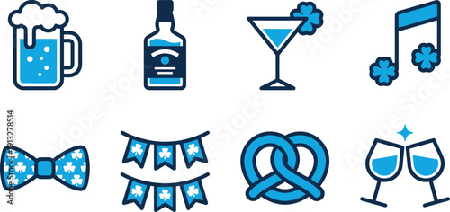Irish pub and celebration icon set blue minimalist vector icons for beer mug whiskey party banner St Paddys Day festival drink alcohol beverage music nightlife event