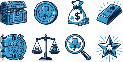 St Patricks Day wealth and money icons blue dual tone vector elements of gold coins treasure chest money bag luck symbols finance success investment prosperity