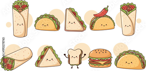 Cute kawaii fast food characters set. Smiling taco, wrap and sandwich mascots. Burger and tortilla cartoon icons. Adorable food vector illustration pack.