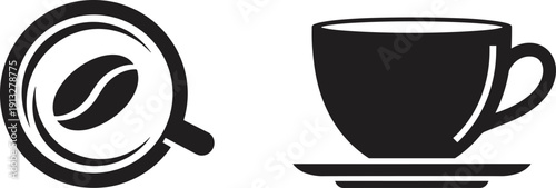 Coffee cup silhouette and top view icon with coffee bean symbol isolated on white background for cafe and beverage branding
