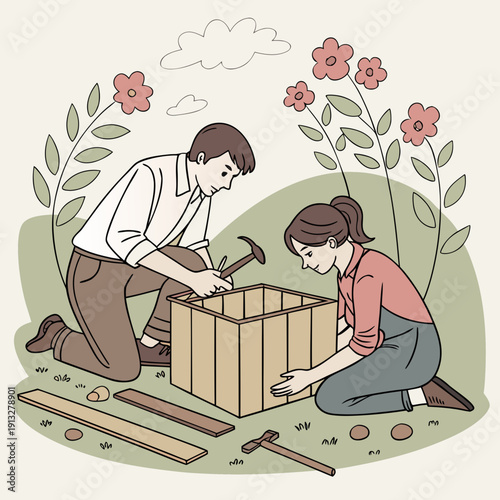 Couple building a small wooden planter box together, engaged in a DIY home improvement project with tools and materials.