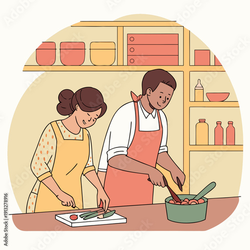 Joyful couple cooking a wholesome traditional homemade meal together in a warm, inviting kitchen setting, enjoying quality time
