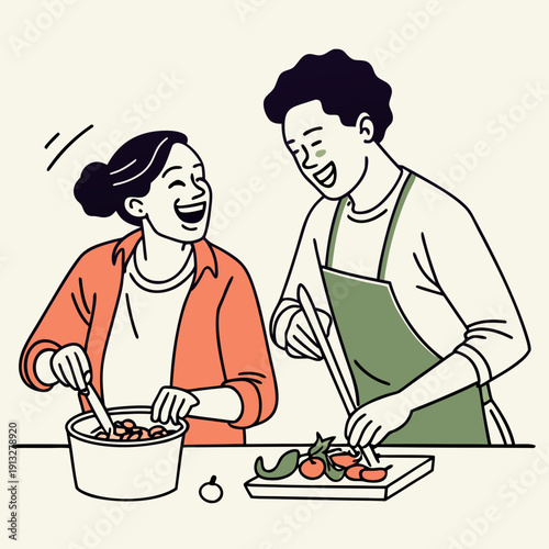 Couple cooking dinner together while laughing, sharing a candid, joyful moment in the kitchen, embodying love and domestic bliss.