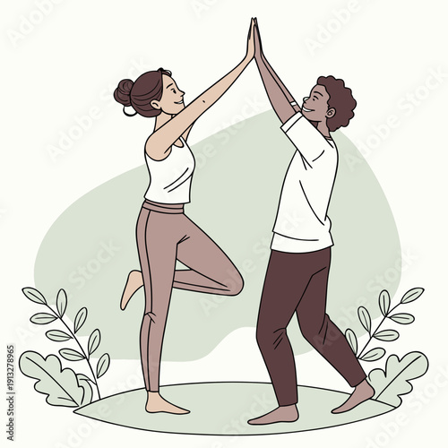 Couple performing a gentle yoga stretch together, promoting wellness and mindful movement in a calm, serene environment