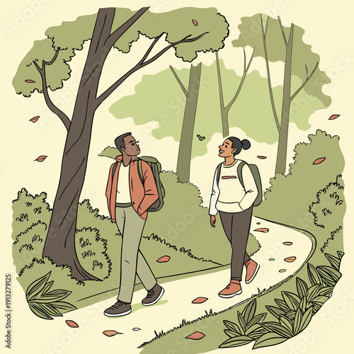 A couple enjoys a serene hike, moving at a slow pace along a tranquil forest trail surrounded by nature.
