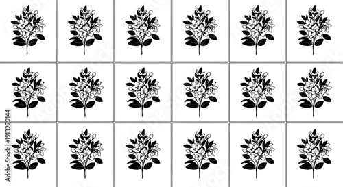 Black and white floral patterns arranged in a grid on a white background for design and decoration