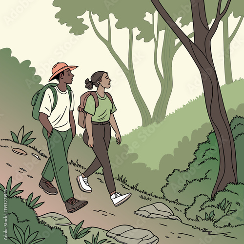 Couple hiking at a slow pace on a peaceful forest trail, enjoying nature's tranquility and a relaxed outdoor journey.