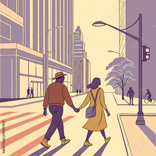 Diverse couple holding hands, walking across a busy city street, symbolizing urban life and connection.