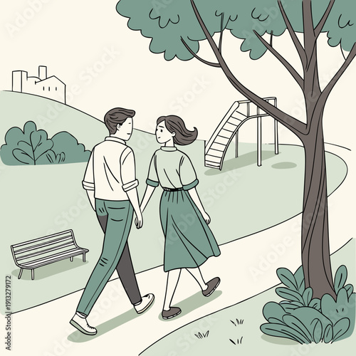 Couple wearing coordinated outfits takes a pleasant casual walk, highlighting their bond and shared style.