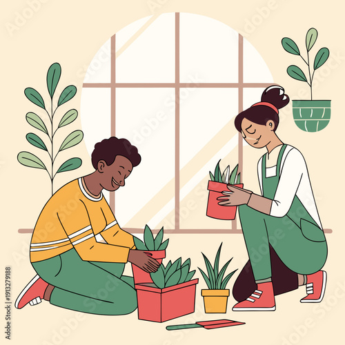 Couple happily planting small indoor succulents together, enjoying a cozy domestic hobby and nurturing life.