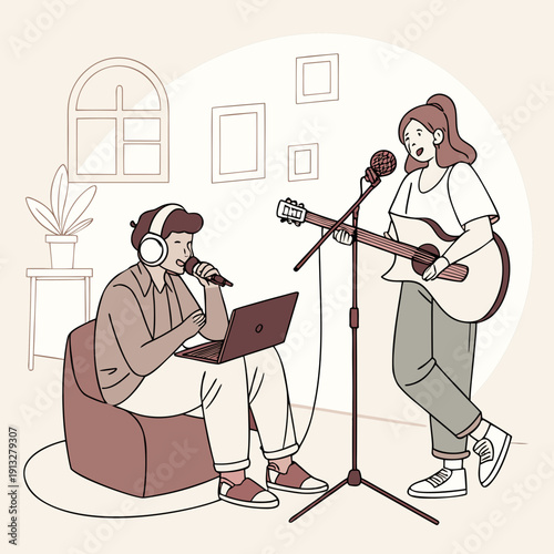 Joyful couple creating music together at home, using microphone and recording equipment for a passionate sound production session.