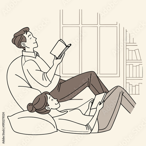 Photography Couple enjoying individual reading time on the sofa, showcasing peaceful coexistence and personal hobbies within the home