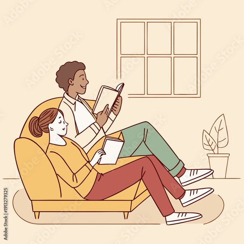 Couple relaxing separately on sofa, each engrossed in their own book, illustrating independent leisure and quiet time at home.