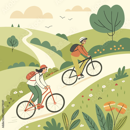 Couple enjoying a scenic bicycle ride through the countryside, embracing a healthy outdoor lifestyle and picturesque rural scenery.