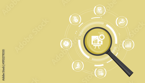 Magnifying glass highlighting business chart and analytics icons, representing data analysis, performance tracking, growth strategy and reporting.