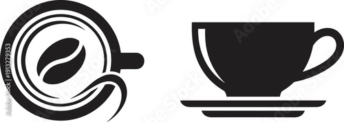 Coffee cup silhouette icon with coffee bean top view symbol isolated on white background for cafe branding and beverage design