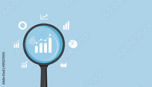 Magnifying glass analyzing business growth charts and data icons, representing analytics, performance tracking, financial analysis, and strategic planning.