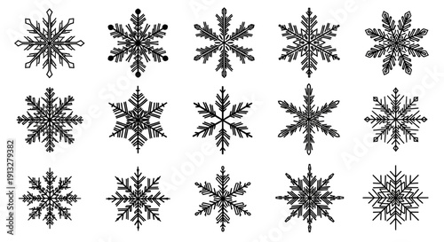 Black and white snowflakes on white background winter weather icons frosty crystal designs cold climate symbols