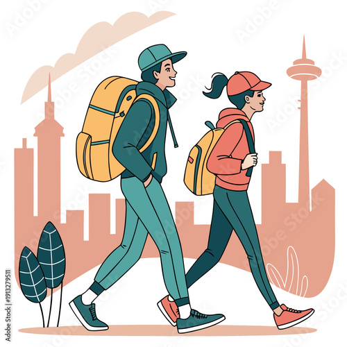 Eco-conscious couple walks through the city using reusable coffee cups, promoting sustainability and a mindful lifestyle.