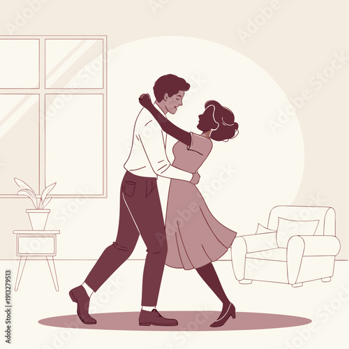 Couple slow dancing in a warm, inviting living room bathed in soft, ambient light, vector illustration